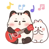 a cat is playing a guitar next to a rabbit .