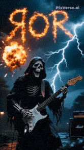 a grim reaper is playing a guitar with the word gor written in flames