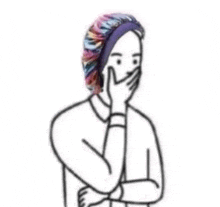 a black and white drawing of a person wearing a sleeping cap covering their mouth .