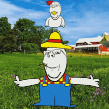 a cartoon of a scarecrow with a chicken on top of it