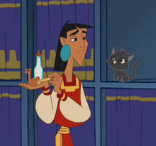 a cartoon character is holding a bottle and a kitten