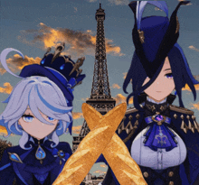 two anime characters are crossing their arms in front of the eiffel tower in paris