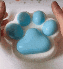 a person is holding a paw shaped object with blue balls on it