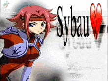a girl with red hair and blue eyes is standing in front of a white background with the word sybau on it .