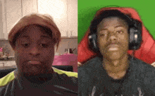 a man wearing a wig and headphones is sitting next to a man wearing a wig and headphones .