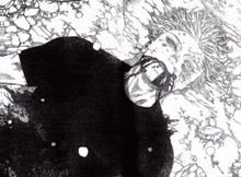 a black and white drawing of a man laying on the ground with blood coming out of his mouth