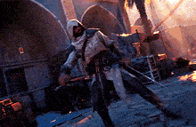 a man with a sword is walking down a street with a building in the background