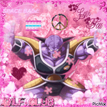 a picture of a purple dragon ball character with a peace sign and the words i love you