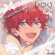 a picture of an anime character with the words sweetheart cutie love you