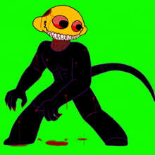 a cartoon character with a yellow head and red eyes is standing in front of a green screen .