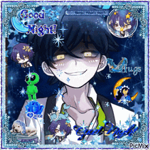 a picture of a boy with a green alien on his head and the words good night