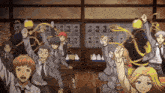 a group of anime characters in a classroom with chinese writing on the walls