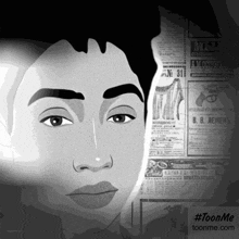 a black and white drawing of a woman 's face with an advertisement for m & m on the right side