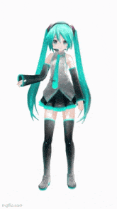 hatsune miku is a female anime character with long green hair and a microphone on her head .