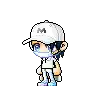 a pixel art of a boy wearing a baseball cap and a face mask .