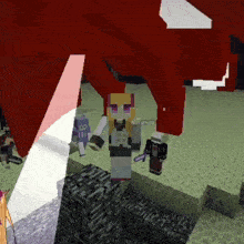 a screenshot of a minecraft game shows a girl standing in front of a red dragon