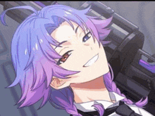 a girl with purple hair is smiling and holding a gun