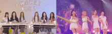 a group of women sitting at a table and a group of women dancing on a stage .