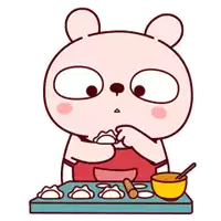 a cartoon bear is sitting at a table with a bowl of food and a spoon .