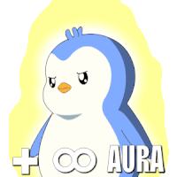 a blue and white penguin with the words aura written below it
