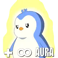 a blue and white penguin with the words aura written below it