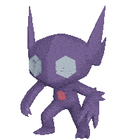a purple cartoon character with a red cube on the chest