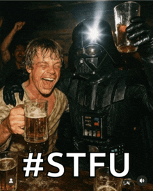 a picture of darth vader and luke skywalker toasting with beer