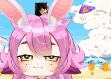 a girl with pink hair and bunny ears has a picture of a cat on top of her head