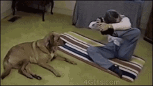 a man is sitting on a blanket with his legs crossed and a dog laying on the floor .