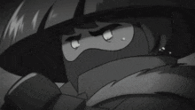 a black and white drawing of a cartoon character with a mask on his face