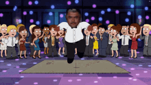 a cartoon of a man in a tuxedo dancing in front of a crowd of people