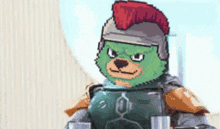 a pixel art of a bear with a helmet on