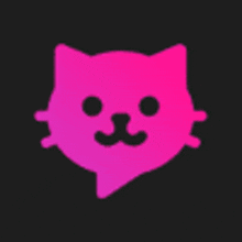 a pink cat 's head with a speech bubble in front of it on a black background .