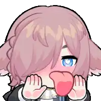 a cartoon girl with pink hair and blue eyes is sticking out her tongue .