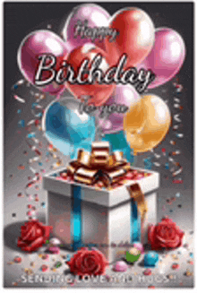 a birthday card with a gift box and balloons on it .