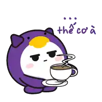 a cartoon of a penguin holding a cup of coffee with the phrase the co a below it