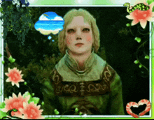 a picture of a woman in a green dress surrounded by pink flowers and a snake