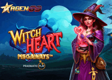 a poster for witch heart megaways with a witch holding a heart