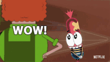 a cartoon character with a bandage on his head and the words wow