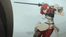a girl with red hair is holding a sword and says " we gotta show ya "