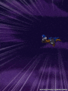 a cartoon character is flying through the air with a large blue ball behind him