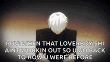 a man with white hair is sitting in a chair with his head down and a quote from tokyo ghoul .