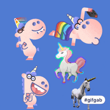 a bunch of unicorns on a blue background with the hashtag #gifcab