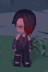 a cartoon character with red hair is standing in a grassy area