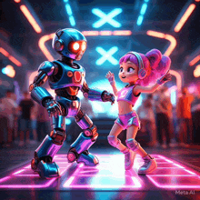 a robot and a girl are dancing on a dance floor with a meta ai logo in the corner