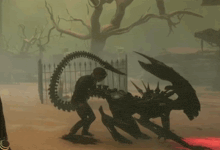 a man is being attacked by a monster with a large tail
