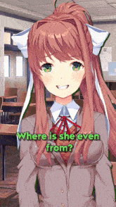a girl in a classroom with the words " where is she even from "