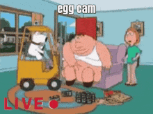 a cartoon of a fat man driving a forklift in a living room next to a couch .