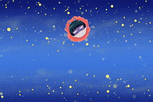 a cartoon character is floating in the air with a purple face
