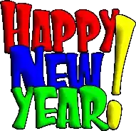 a colorful happy new year sign with red blue and green letters